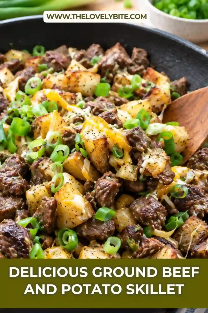 Easy Ground Beef and Potato Skillet served hot with tender potatoes, browned beef, colorful peppers, and melted cheese. A comforting one pan ground beef recipe for family dinner.