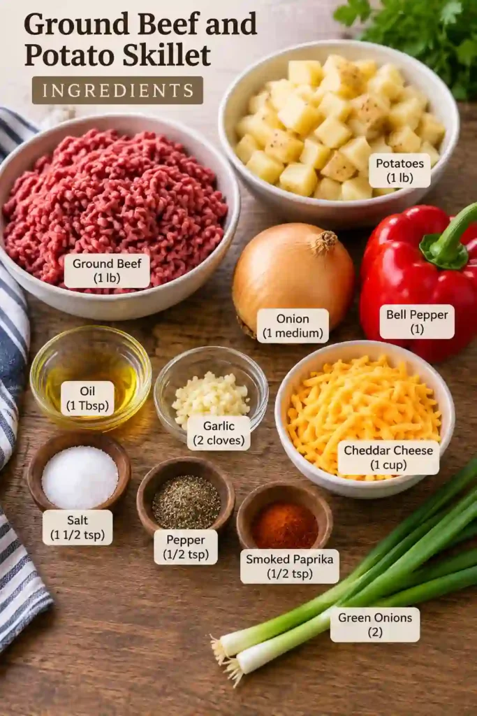 Ground Beef and Potato Skillet with golden diced potatoes, seasoned ground beef, bell peppers, and melted cheddar cheese. Chopped green onions add a fresh finish to this easy skillet dinner.