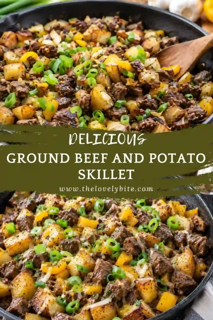 Close-up of a Ground Beef and Potato Skillet filled with browned potatoes, savory beef, vegetables, cheddar cheese, and fresh green onions. The hearty skillet has golden edges and a cheesy finish.