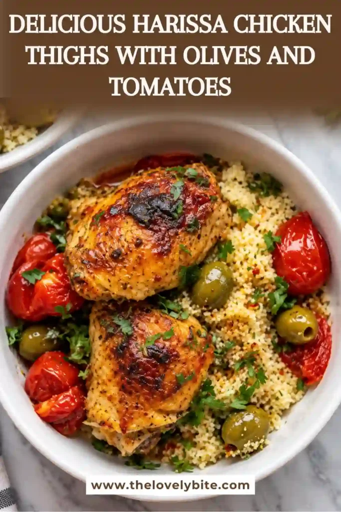 Harissa Chicken Thighs roasted with Roma tomatoes, mixed olives, and garlic in a rich tomato-harissa sauce. Fresh parsley and cilantro gremolata adds a colorful herb finish.