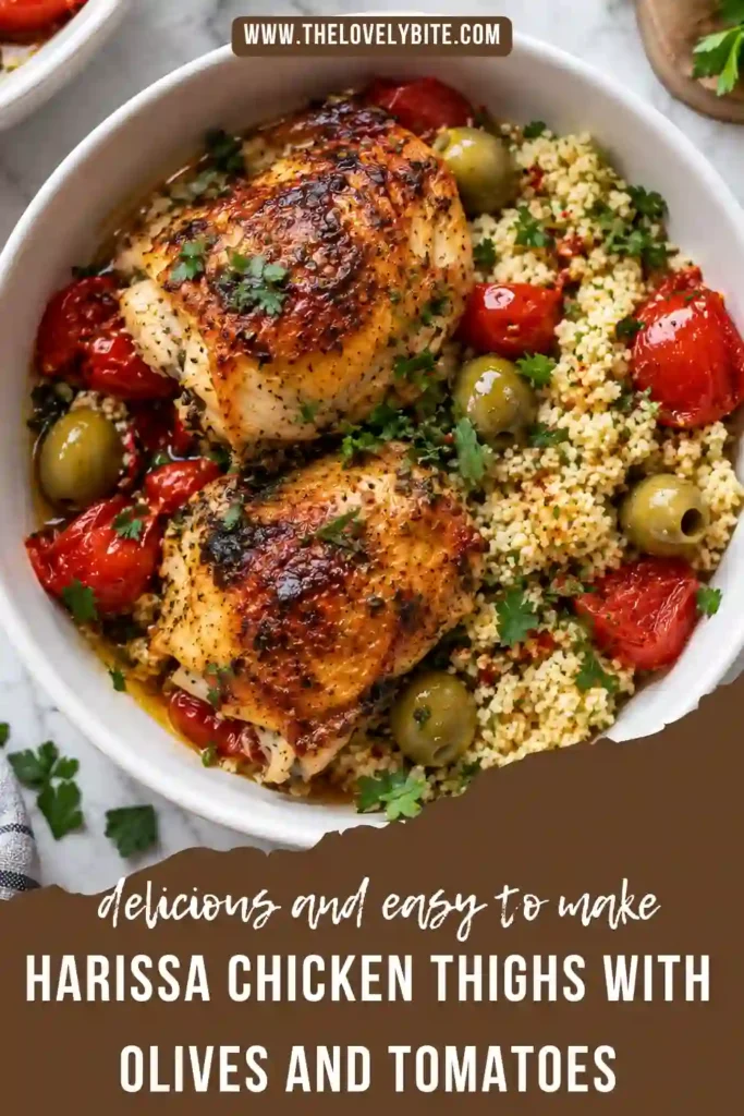 Tender baked chicken thighs with olives and roasted tomatoes covered in a spicy harissa tomato sauce. Fresh lemon-herb gremolata brightens this Mediterranean-inspired chicken dinner.