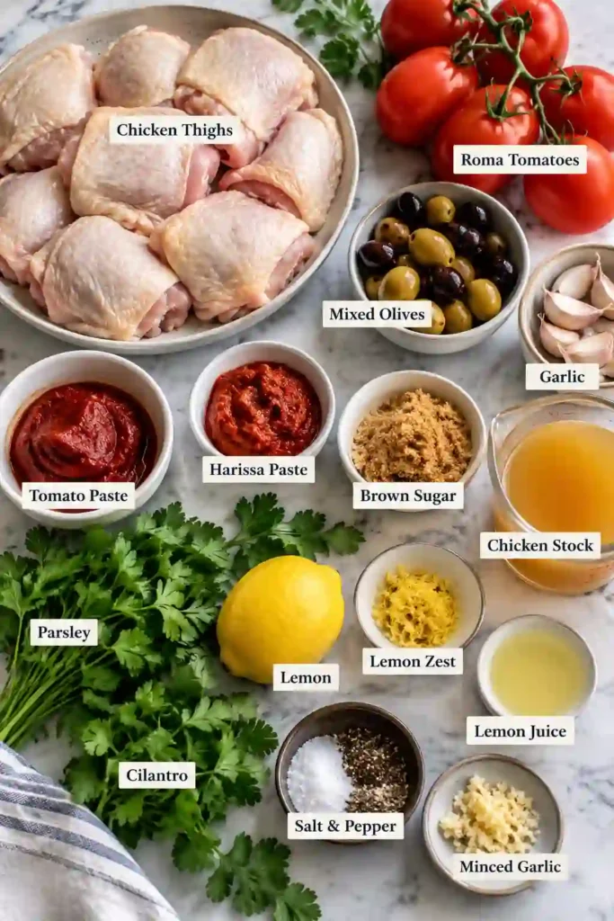 Spicy chicken thighs roasted with tomatoes and mixed olives until tender and golden. A rich harissa sauce and fresh lemon-herb gremolata give the dish bold Mediterranean and North African-inspired flavors.