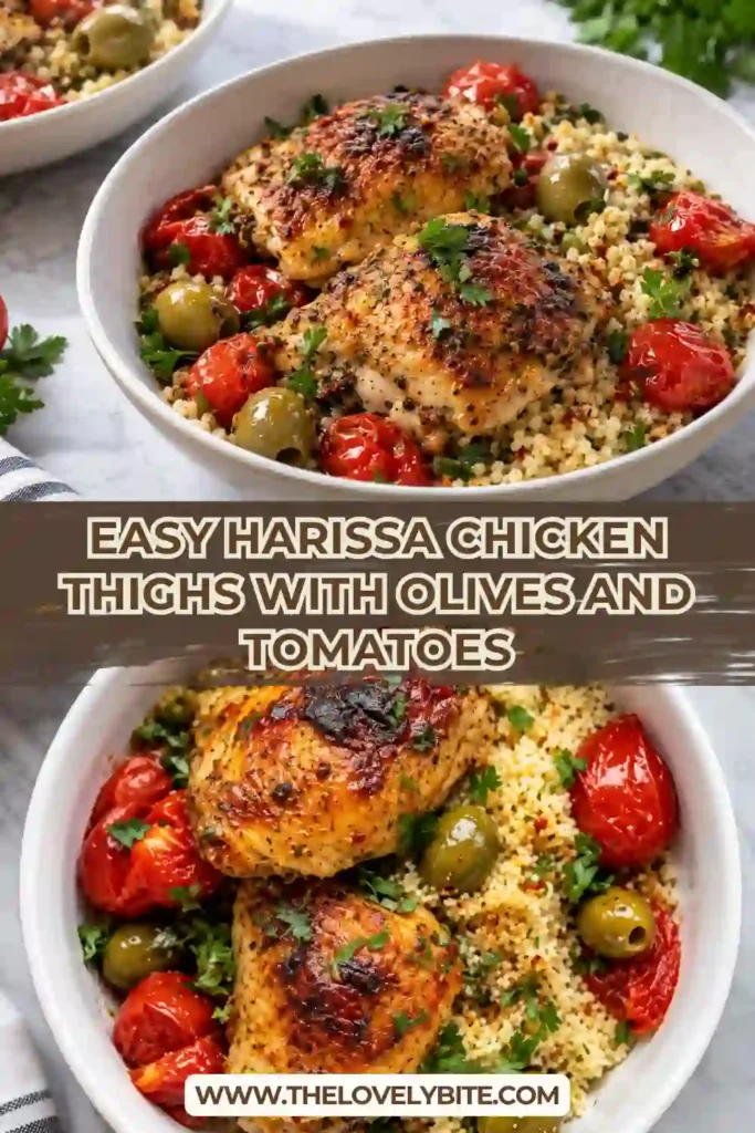 Oven-roasted Harissa Chicken Thighs surrounded by juicy tomatoes, savory olives, and garlic. The golden chicken is served with a fresh parsley, cilantro, lemon, and garlic gremolata.