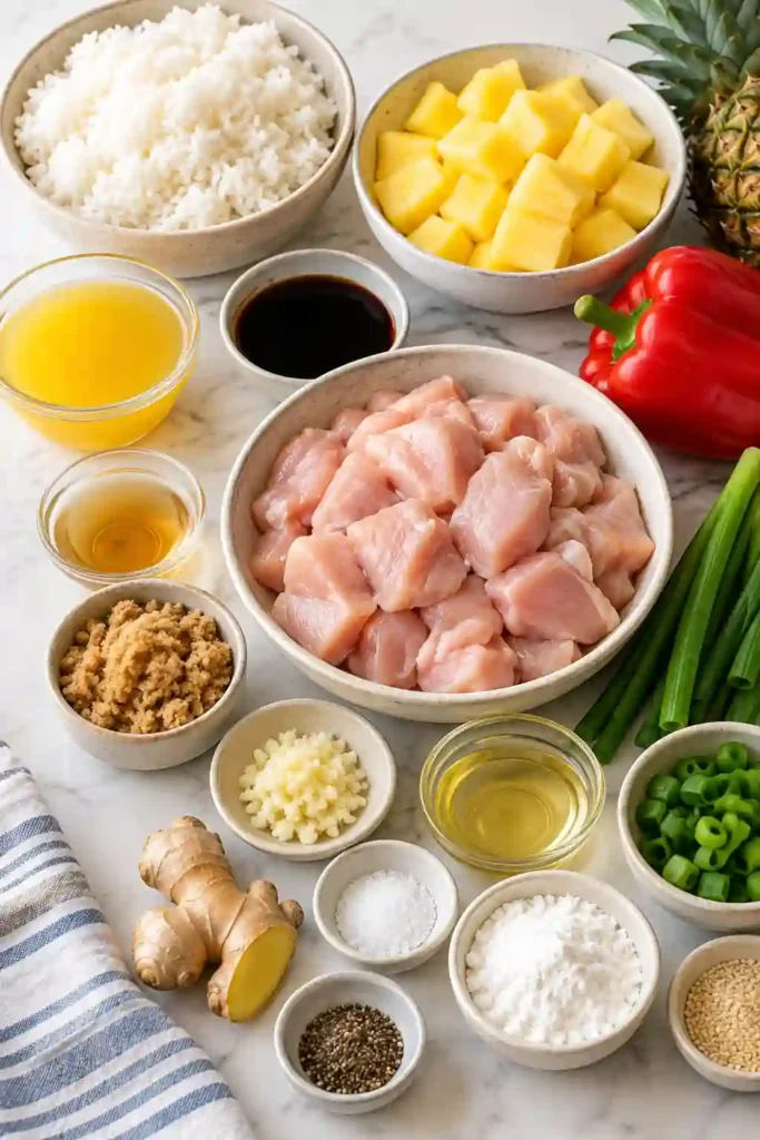 A colorful bowl of Hawaiian chicken and rice topped with juicy pineapple chunks, tender glazed chicken, and sliced red bell peppers. Fluffy jasmine rice absorbs the glossy sweet and savory pineapple sauce.