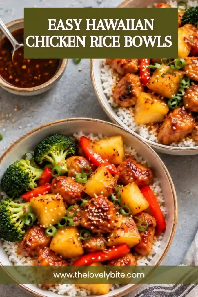 Four Hawaiian-inspired chicken rice bowls prepared with tender glazed chicken, pineapple chunks, and fluffy rice. Colorful vegetables and fresh green onions make these sweet and savory chicken bowls ideal for family dinners and meal prep.