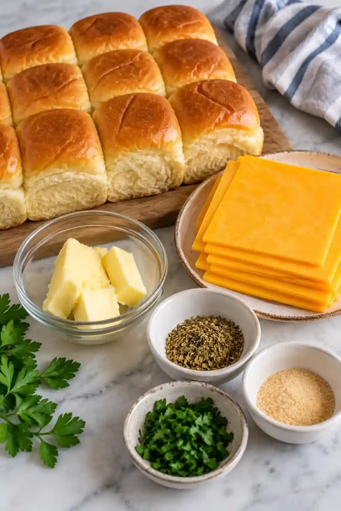 Hawaiian Roll Grilled Cheese Sliders baked until golden and filled with melted cheddar cheese. The sweet rolls are brushed with savory garlic herb butter for an easy cheesy snack.