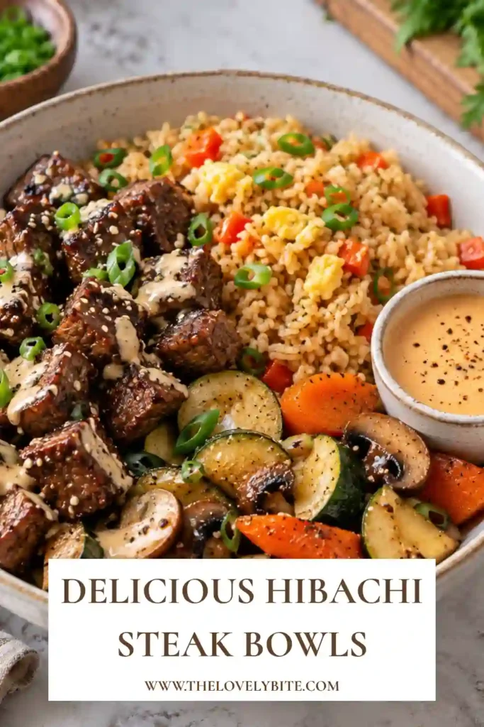 Hibachi Steak Bowls served with golden vegetables and fluffy fried rice. Bite-sized sirloin steak is browned around the edges and finished with a savory Japanese-style sauce.