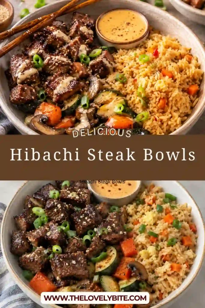 A close-up of a hibachi-style steak bowl featuring tender sirloin, sautéed zucchini, carrots, mushrooms, and fried rice. Creamy Yum Yum sauce is drizzled over the top for a rich finishing touch.