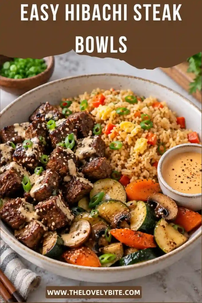 Homemade Hibachi Steak Bowls arranged with seared steak, sautéed mushrooms, zucchini, carrots, and fried rice. The colorful bowl is topped with teriyaki sauce and Yum Yum sauce.