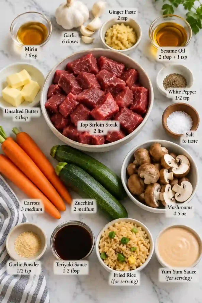 A bowl of Hibachi Steak Bowls filled with seared sirloin steak, zucchini, carrots, mushrooms, and fried rice. The steak is coated in a glossy teriyaki-style sauce and finished with creamy Yum Yum sauce.