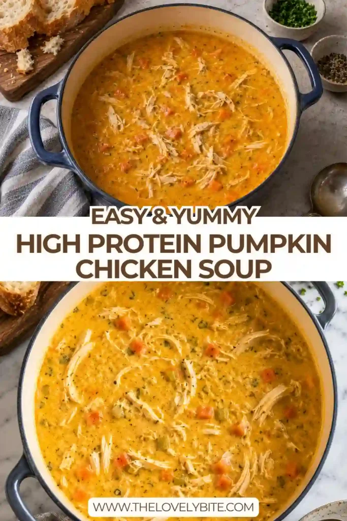 A bowl of high protein pumpkin chicken soup filled with creamy pumpkin broth, shredded chicken, carrots, celery, and herbs. The golden-orange soup is served warm and has a smooth, comforting texture.