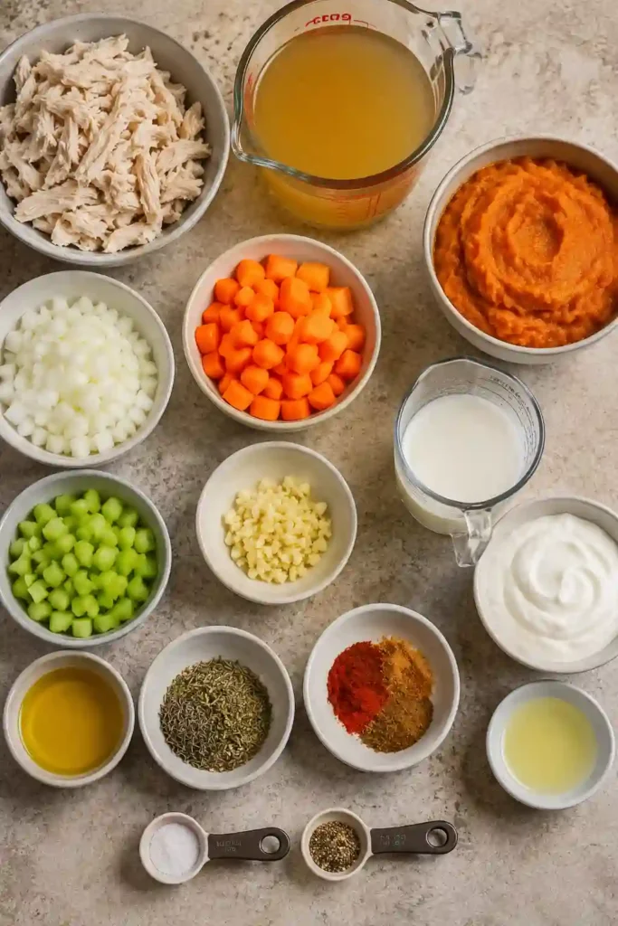 High protein soup made with pumpkin, chicken breast, vegetables, milk, and Greek yogurt in a smooth creamy broth. The soup has a warm golden-orange color and is served hot for a cozy fall meal.