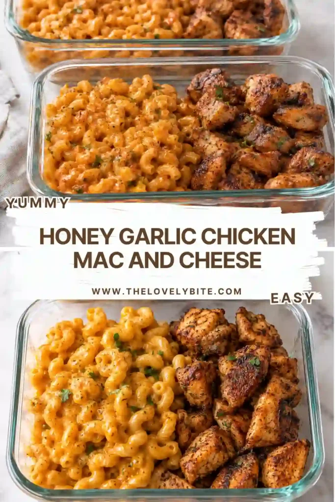 A skillet of Honey Garlic Chicken Mac and Cheese filled with creamy elbow macaroni and tender seasoned chicken pieces. Melted cheddar and mozzarella coat the pasta in a rich golden cheese sauce, finished with fresh parsley.