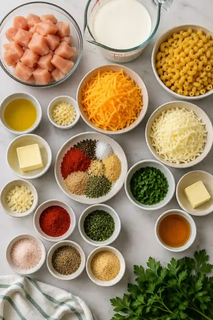 Honey Garlic Chicken Mac and Cheese in a serving skillet, featuring creamy pasta, melted cheese, and golden garlic-seasoned chicken. The dish is garnished with fresh parsley for a colorful finish.