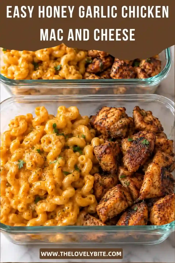 Honey Garlic Chicken Mac and Cheese served warm in a skillet with juicy golden chicken pieces scattered over creamy cheesy pasta. Fresh parsley adds a bright contrast to the rich sauce.