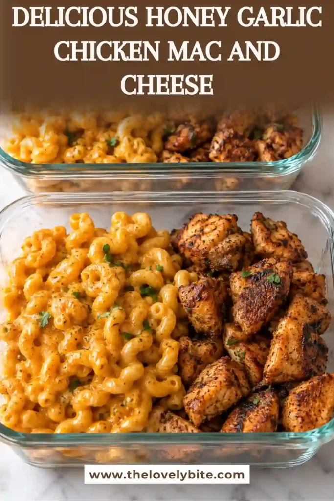A close-up of creamy chicken mac and cheese showing tender seasoned chicken, elbow macaroni, cheddar, and mozzarella. The golden cheese sauce looks smooth and rich with a light sprinkle of parsley.