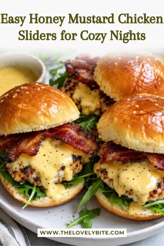 Honey Mustard Chicken Sliders filled with chopped chicken, melted cheese, turkey bacon, avocado, and cherry tomatoes. The warm sliders are served with creamy honey mustard for dipping.