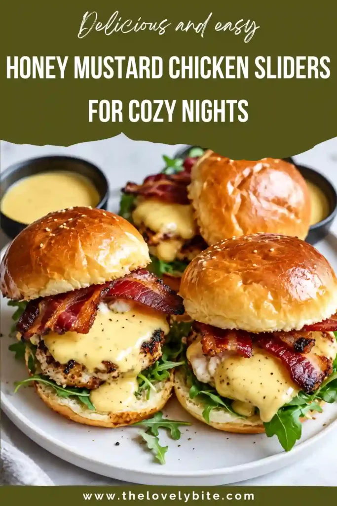 Freshly assembled Honey Mustard Chicken Sliders on soft pretzel-style slider buns. Each slider is layered with cheesy chicken, crispy turkey bacon, avocado, and fresh tomatoes.