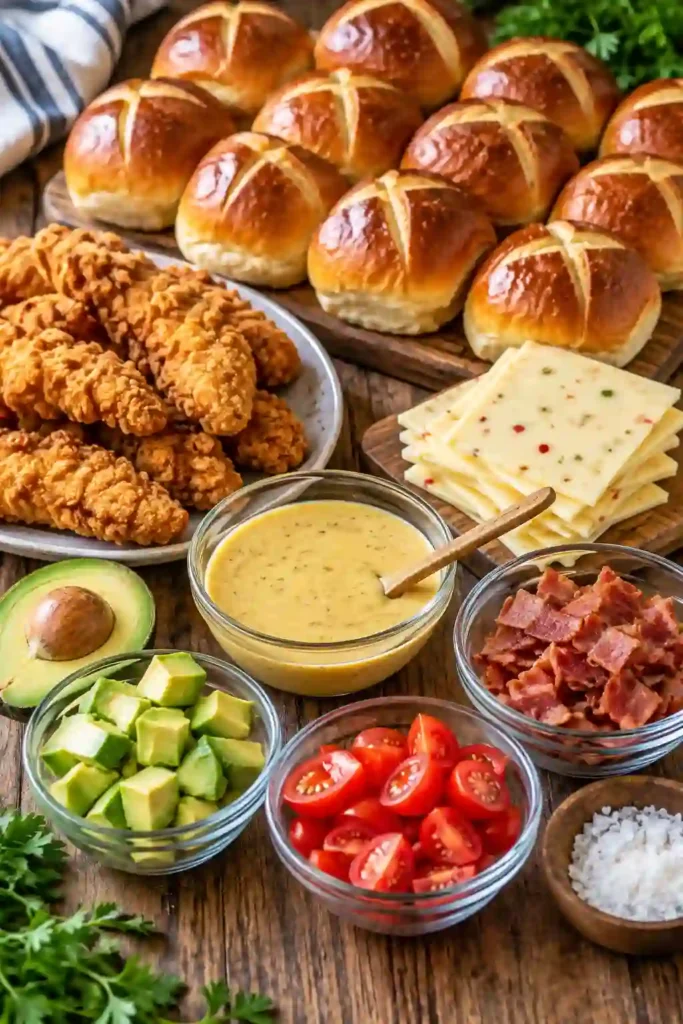 Golden Hawaiian roll sliders stuffed with honey mustard chicken, melted cheese, turkey bacon, creamy avocado, and tomatoes. These easy chicken sliders are arranged warm and ready to serve.