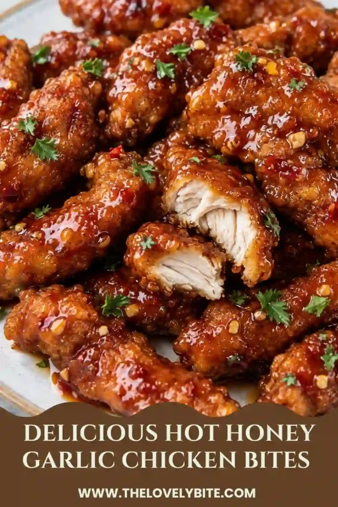 Golden honey garlic chicken bites covered in a sticky hot honey sauce with visible garlic and red pepper flakes. The crispy chicken has a crunchy coating and a tender, juicy interior.