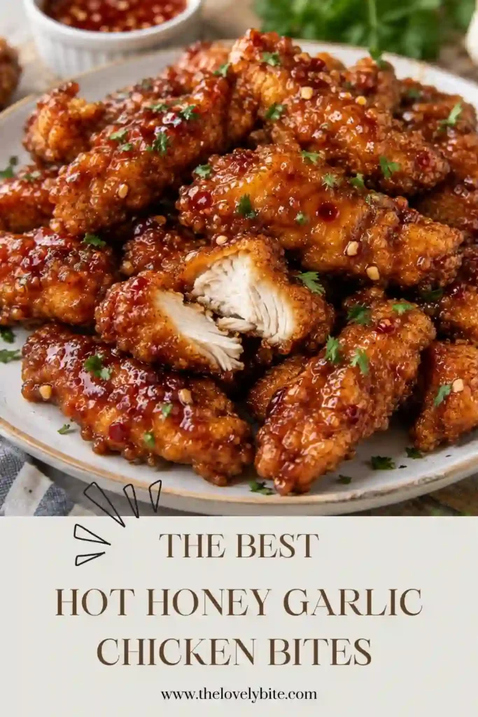 A plate of sweet and spicy chicken bites featuring crispy breaded chicken tossed in a buttery garlic honey glaze. Fresh parsley adds color to the golden chicken pieces.