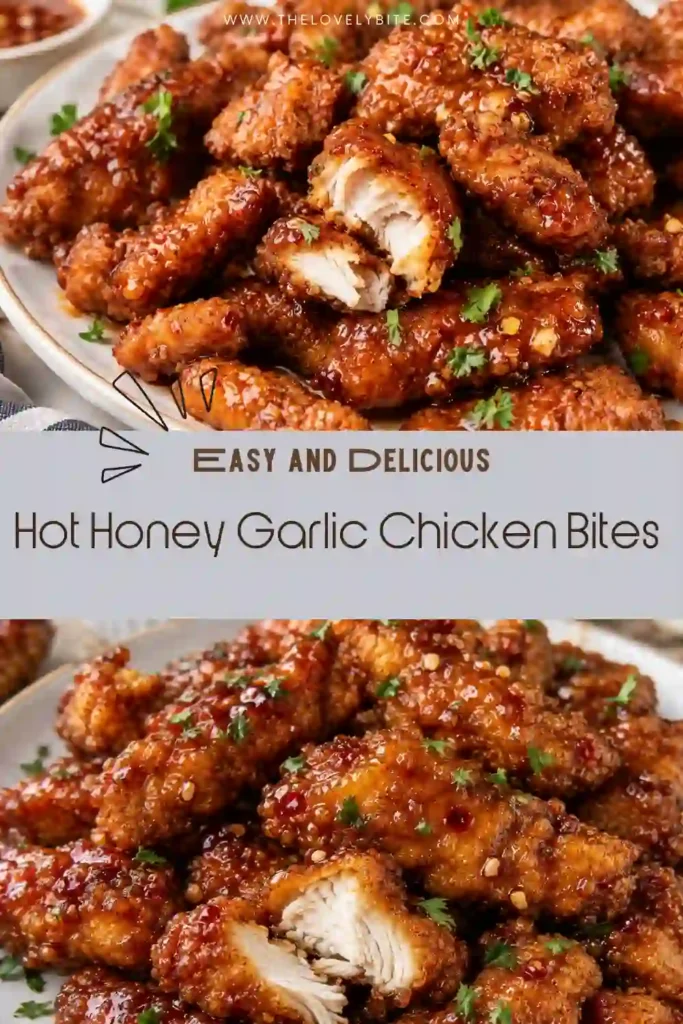 Homemade crispy hot honey chicken bites served with a rich garlic sauce and fresh herbs. Each bite features a golden panko coating covered in a sweet, spicy, glossy glaze.