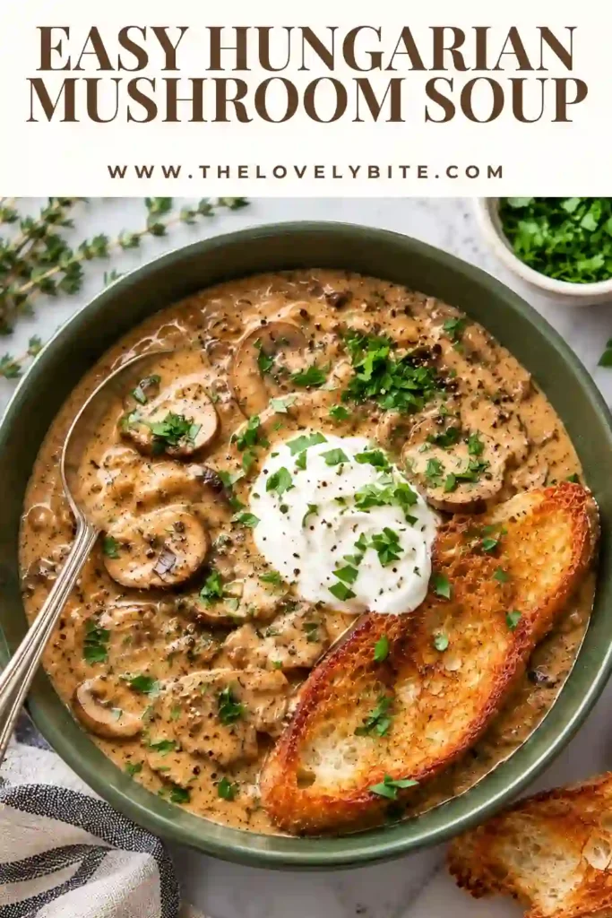 A bowl of Hungarian Mushroom Soup made with sliced cremini mushrooms, sweet paprika, dill, and sour cream. Fresh parsley and black pepper add color to the rich, creamy mushroom soup.