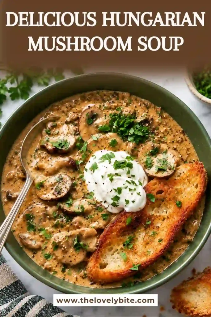 Creamy Hungarian Mushroom Soup served in a bowl with sour cream, chopped parsley, and freshly cracked black pepper. The hearty vegetarian mushroom soup features tender mushrooms in a paprika-seasoned broth.