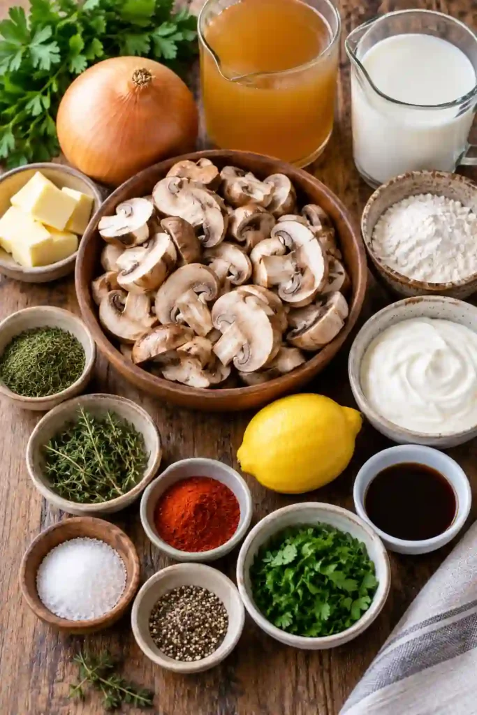 A warm bowl of Hungarian Mushroom Soup served with crusty bread for a comforting meal. The creamy mushroom soup is topped with fresh parsley, sour cream, and black pepper.