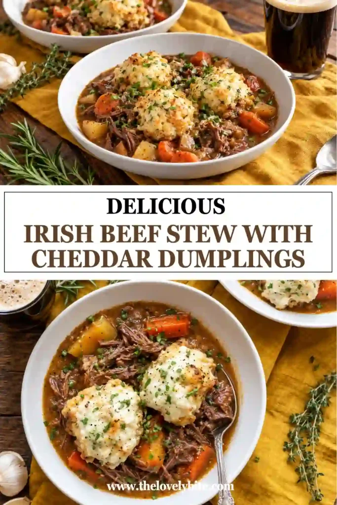 A hearty Irish beef stew recipe filled with slow-cooked chuck roast, carrots, potatoes, celery, and herbs. Golden cheddar dumplings make this Dutch oven dinner extra comforting.