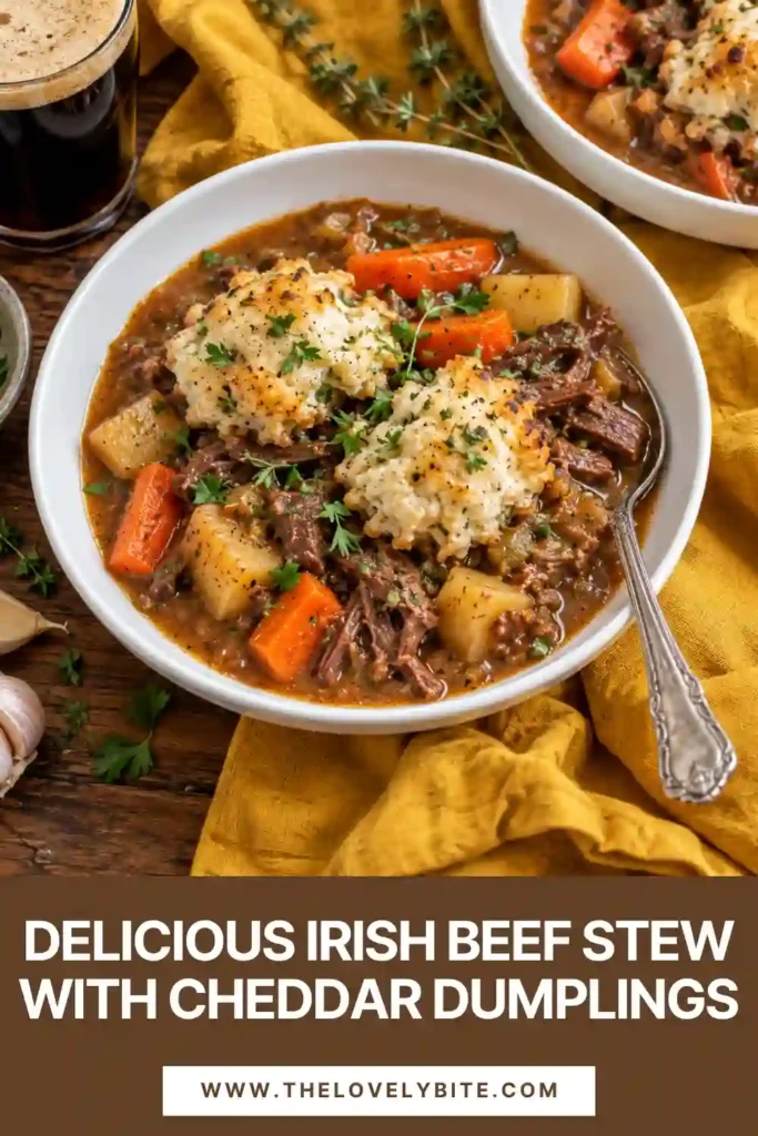 Dutch oven beef stew topped with fluffy cheddar dumplings and fresh chopped chives. Tender beef, potatoes, carrots, and vegetables create a hearty family-style meal.