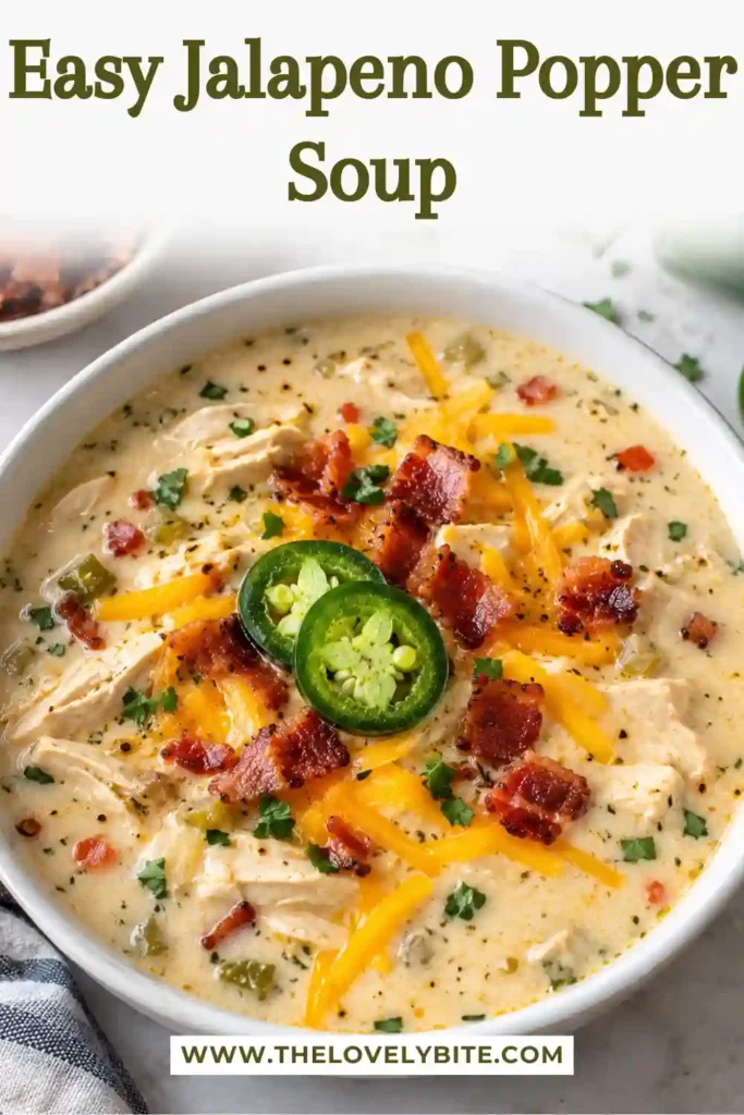 Creamy jalapeno soup served hot in a bowl with shredded chicken and melted cheddar cheese. Fresh jalapeno slices, green onions, and crispy turkey ham add color and texture.