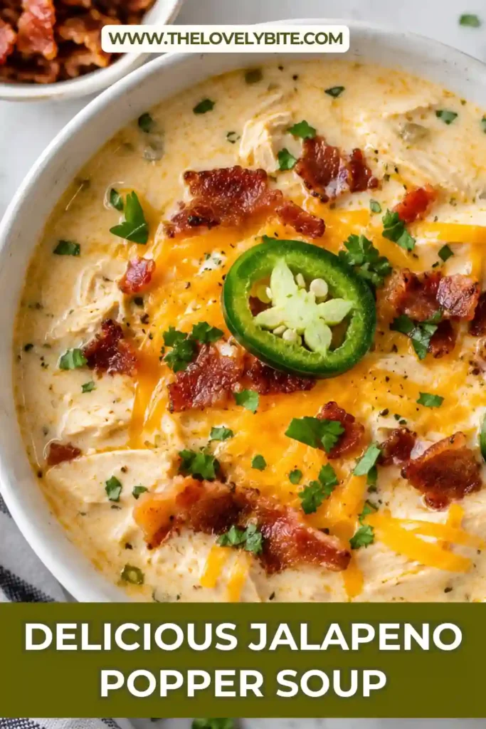 Jalapeno Popper Soup in a rustic bowl with creamy cheese broth, shredded chicken, and fresh jalapenos. The hearty soup is finished with cheddar, green onions, and crispy turkey ham.