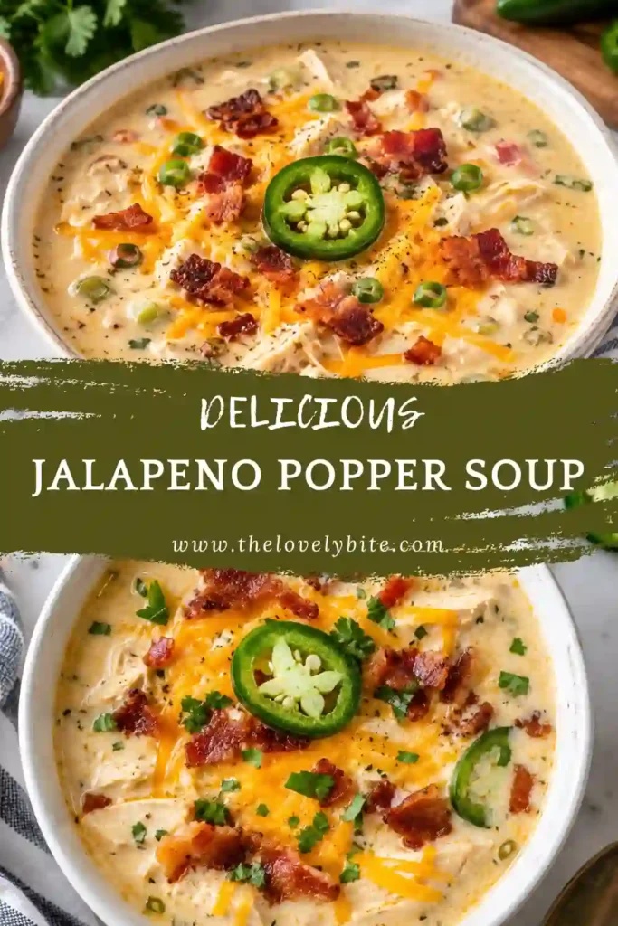 Spicy chicken soup made with jalapenos, cream cheese, chicken broth, and shredded chicken. The creamy soup is garnished with cheddar cheese, green onions, jalapeno slices, and turkey ham.