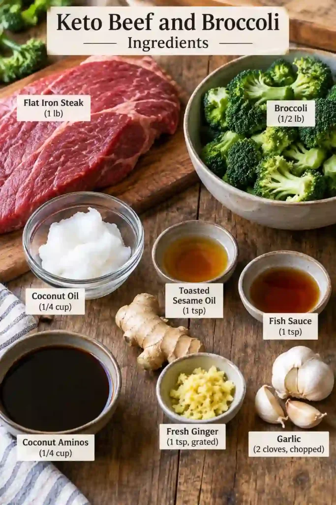 A skillet of keto beef and broccoli featuring thinly sliced browned beef and bright green crisp-tender broccoli. The low carb beef and broccoli is coated in a savory coconut aminos sauce with garlic and ginger.
