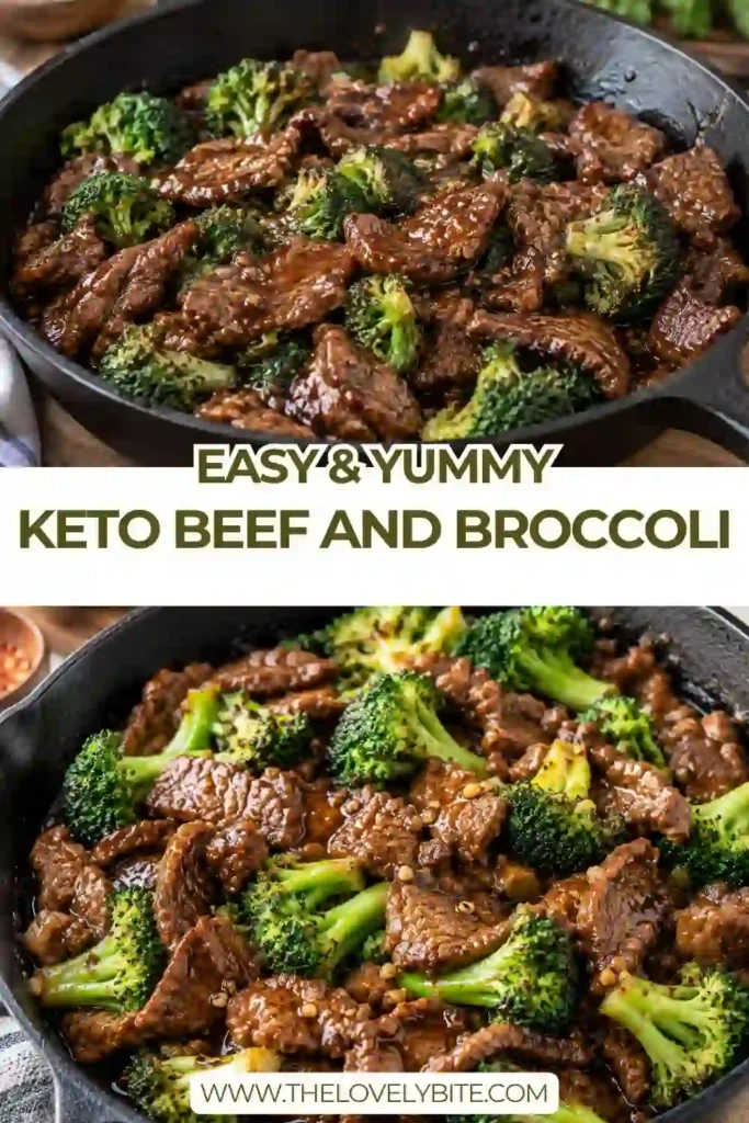 Keto beef and broccoli served hot in a skillet with tender beef strips and small broccoli florets. The homemade beef broccoli stir-fry has a rich savory finish from coconut aminos and sesame oil.