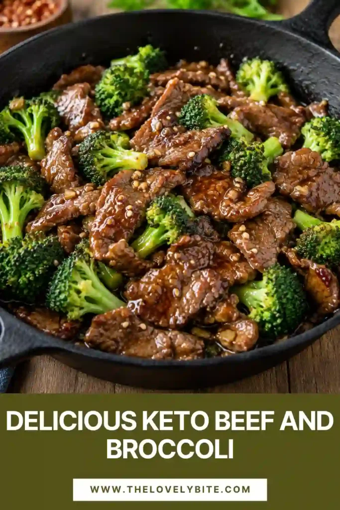 A close-up of keto beef and broccoli with juicy browned steak, green broccoli florets, and a savory stir-fry sauce. Fresh garlic and ginger give the low carb dish an aromatic homemade flavor.