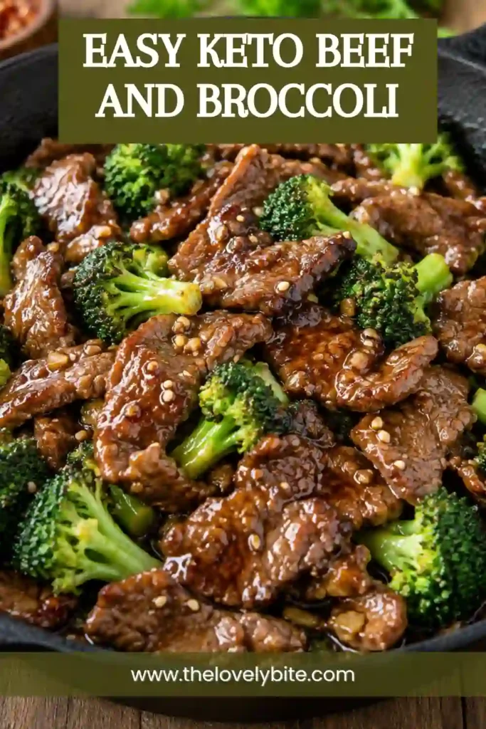 Homemade keto beef and broccoli arranged in a skillet, showing thin slices of beef and crisp-tender broccoli. This easy keto dinner has a glossy low-carb sauce and fresh aromatic seasonings.