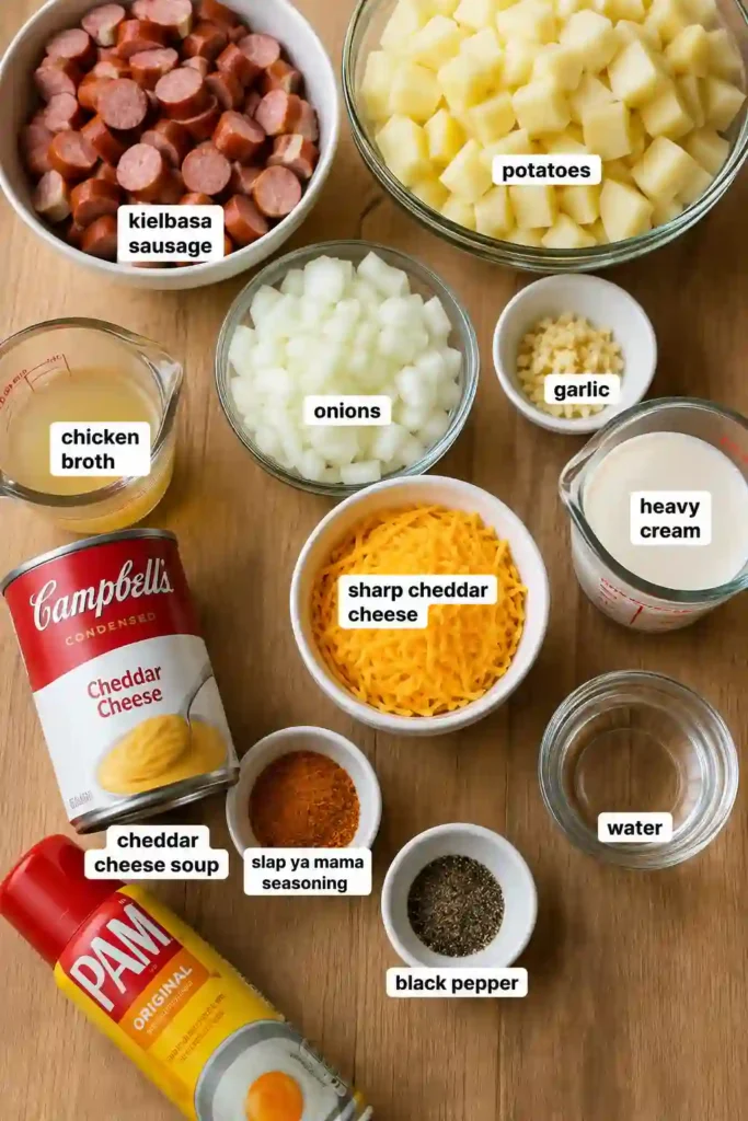 A golden kielbasa sausage cheesy potato casserole baked in a rectangular dish with melted cheddar cheese on top. Tender potato cubes and browned beef sausage are visible beneath the creamy cheese sauce.