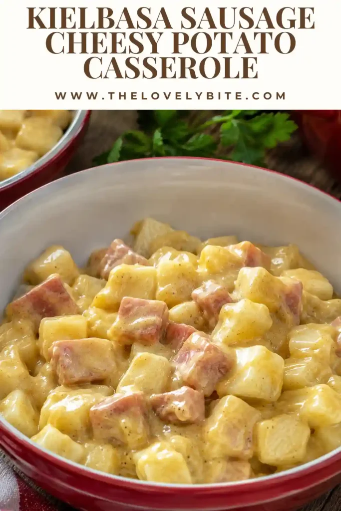 A close-up of cheesy potato casserole showing tender diced potatoes, sliced beef sausage, and melted sharp cheddar cheese. The casserole has a creamy golden surface fresh from the oven.