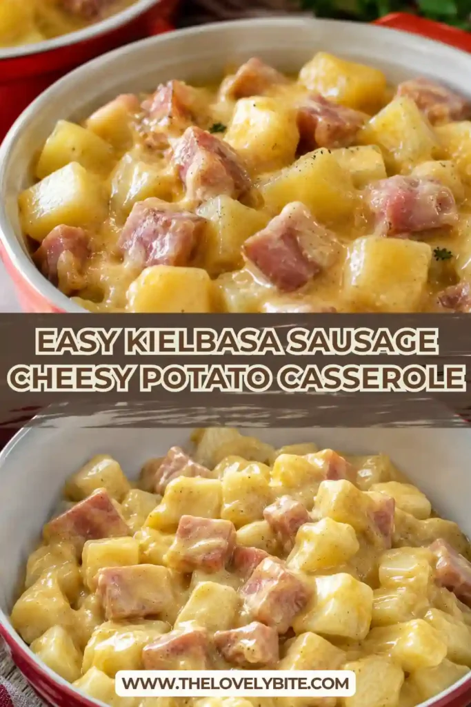 A serving of kielbasa sausage cheesy potato casserole featuring creamy potatoes, browned beef sausage, onions, and melted cheddar. The casserole is golden and bubbling around the edges.