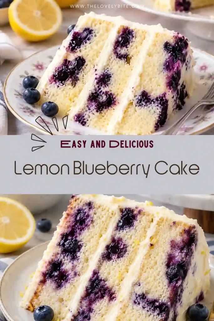 . A beautifully frosted lemon cake with blueberries, sliced to reveal its soft golden crumb. Fresh lemon zest and blueberries give this dessert a bright, summery appearance.