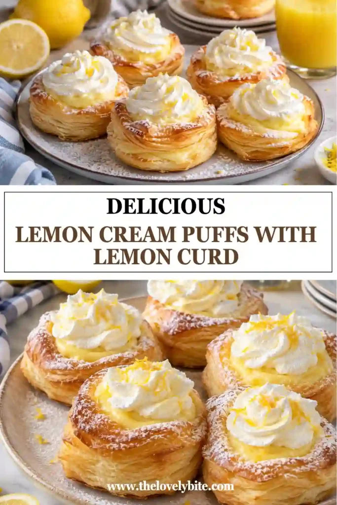Lemon Cream Puffs made with golden puff pastry, mascarpone cream, homemade lemon curd, and mixed berries. The flaky pastries are finished with powdered sugar for an elegant lemon dessert.