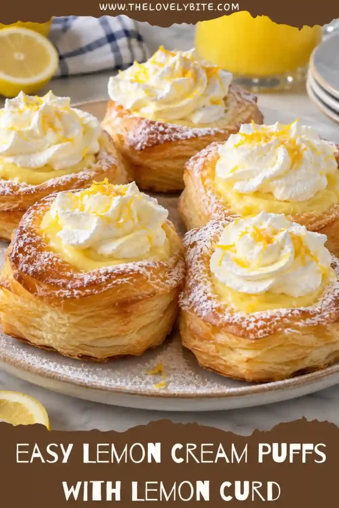 A close-up of lemon curd puffs filled with creamy mascarpone frosting and bright lemon curd. Fresh mixed berries sit on top of the flaky puff pastry for a colorful dessert presentation.