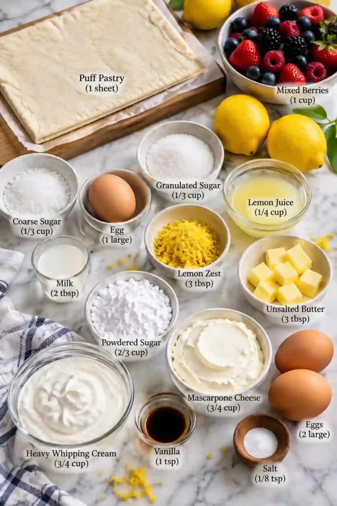 Lemon Cream Puffs arranged on a serving plate with mascarpone cream, lemon curd, and mixed berries. The flaky puff pastry has crisp golden edges and a lightly sugared top.