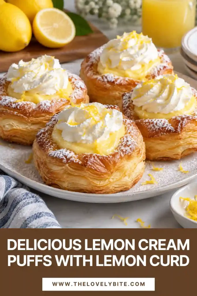 Homemade lemon pastries topped with mascarpone cream, lemon curd, fresh berries, and powdered sugar. The puff pastry is golden brown, flaky, and lightly coated with coarse sugar.