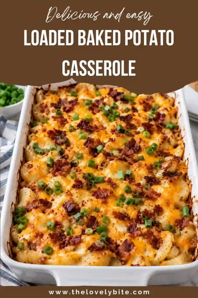 Loaded Baked Potato Casserole topped with melted cheddar cheese, savory turkey ham, and fresh green onions. This creamy potato casserole is baked until warm and golden.
