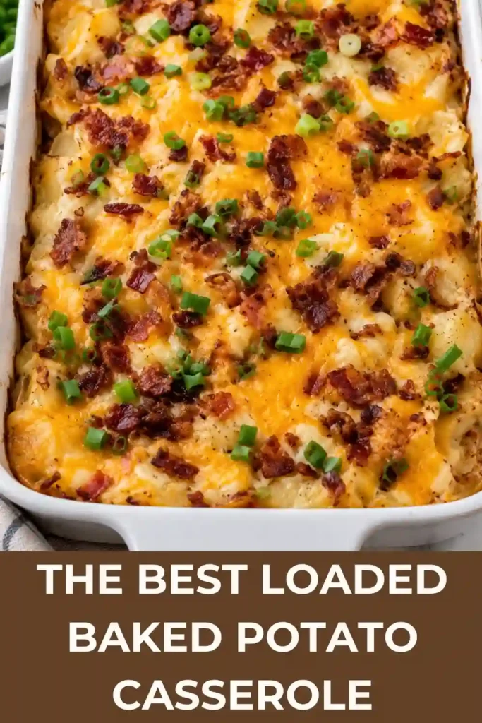 Creamy Loaded Baked Potato Casserole in a baking dish with golden melted cheddar and diced green onions. The cheesy potato casserole has a rich, comforting texture.