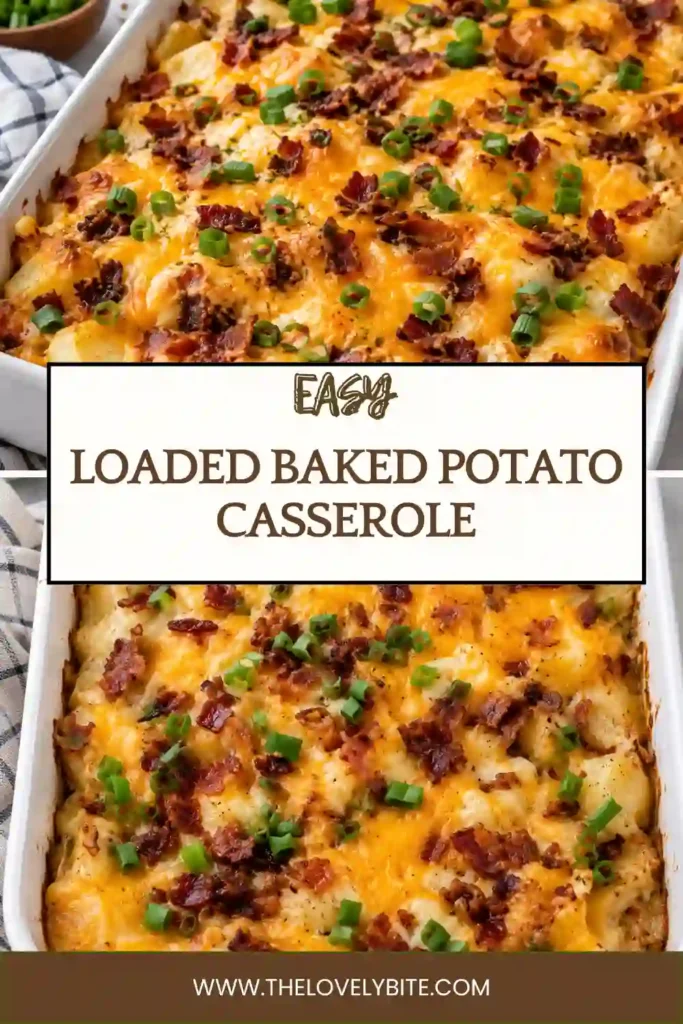 Homemade loaded potato casserole made with tender russet potatoes, cheddar cheese, sour cream, and turkey ham. Fresh green onions add color to the cheesy topping.