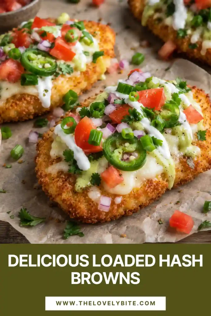 Fully loaded hash browns arranged on a serving plate with melted cheddar, fresh vegetables, jalapeño, sour cream, and salsa verde. The crispy potato patties have golden edges and a rich cheesy topping.